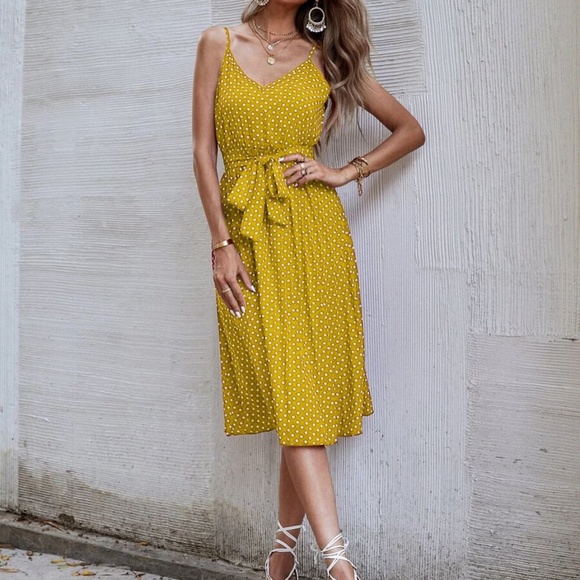 Boho Polka Dot Belted V neck Cami Dress Yellow - Picture 10 of 12